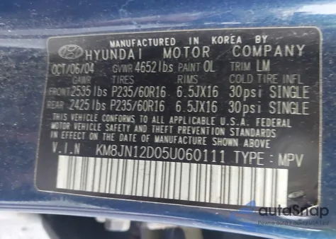 2005 Hyundai Tucson Gls/Lx z USA, uszkodzony, nr VIN KM8JN12D05U060111